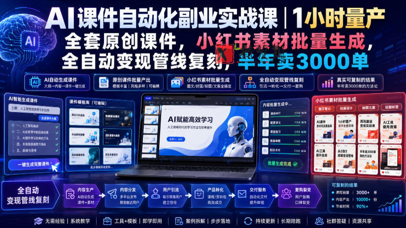 AI课件自动化副业实战课|1小时量产全套原创课件,小红书素材批量生成,全自动变现管线复刻,半年卖3000单-新发现资源网