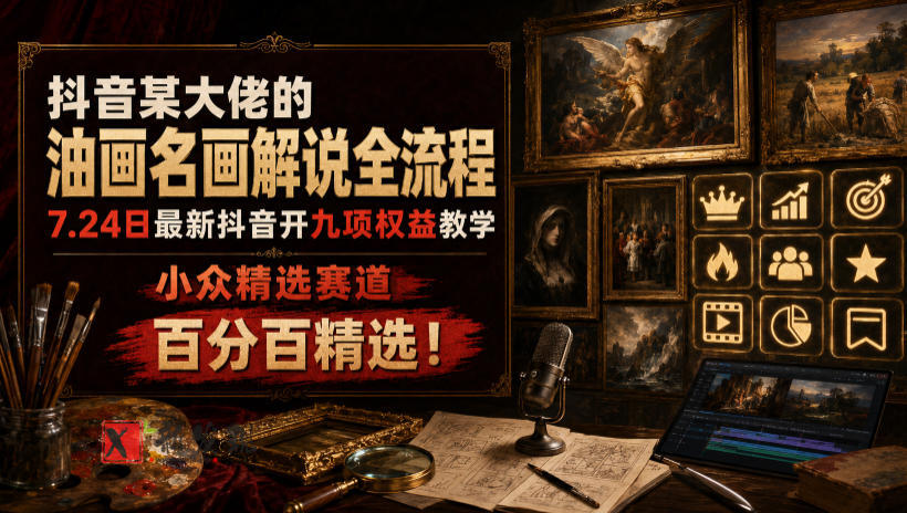 抖音某大佬的油画名画解说全流程,7.24日最新抖音开九项权益教学,小众精选赛道,百分百精选!-新发现资源网