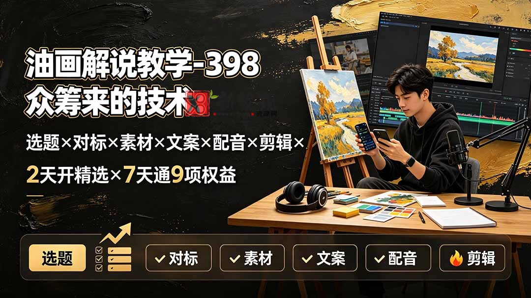 (19527期)油画解说教学-398众筹来的技术:选题×对标×素材×文案×配音×剪辑×2天开精选×7天通9项权益-新发现资源网