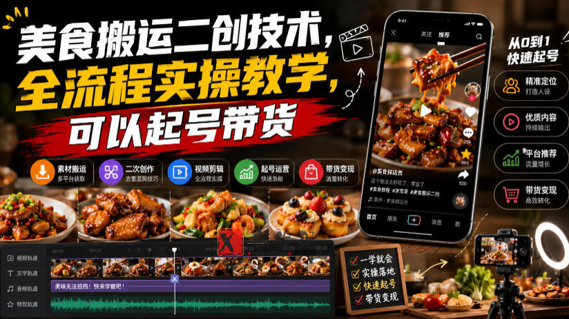 美食搬运二创技术,全流程实操教学,可以起号带货-新发现资源网