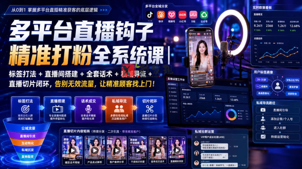 多平台直播钩子精准打粉全系统课｜标签打法+直播间搭建+全套话术+私域导流+直播切片闭环，告别无效流量，让精准顾客找上门！-新发现资源网