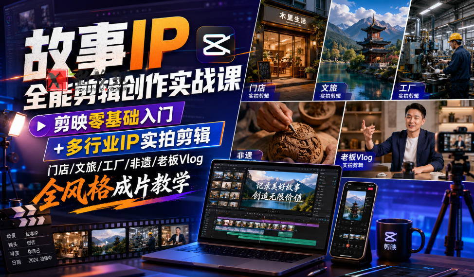 故事IP全能剪辑创作实战课|剪映零基础入门+多行业IP实拍剪辑,门店/文旅/工厂/非遗/老板Vlog全风格成片教学-新发现资源网