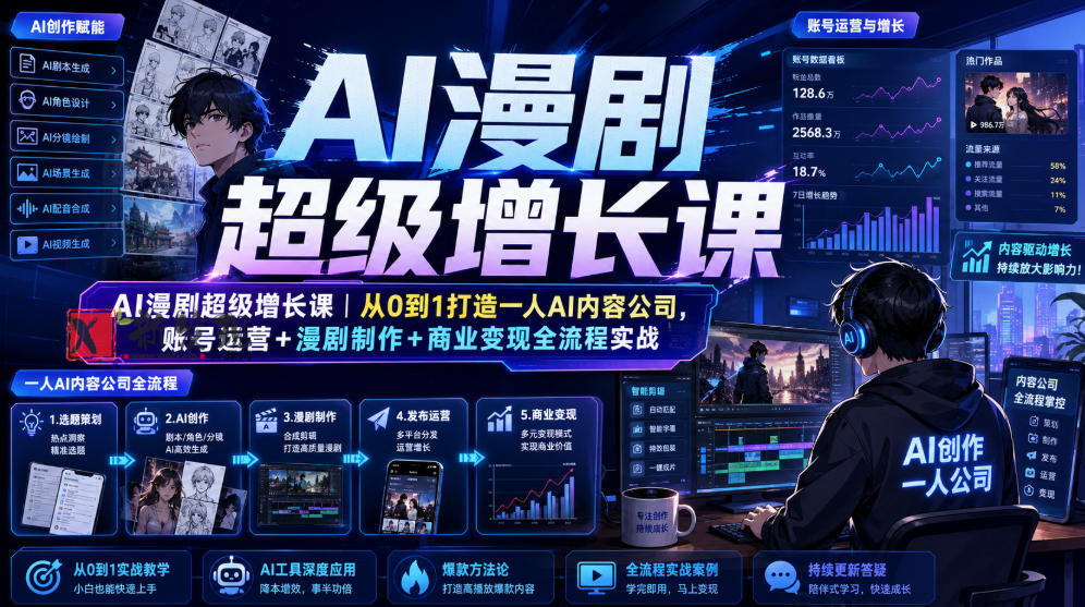 AI漫剧超级增长课|从0到1打造一人AI内容公司,账号运营+漫剧制作+商业变现全流程实战-新发现资源网