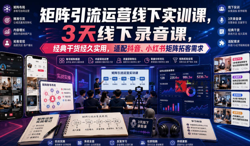 嗨推矩阵引流运营线下实训课,3天线下录音课,经典干货经久实用,适配抖音、小红书矩阵拓客需求-新发现资源网
