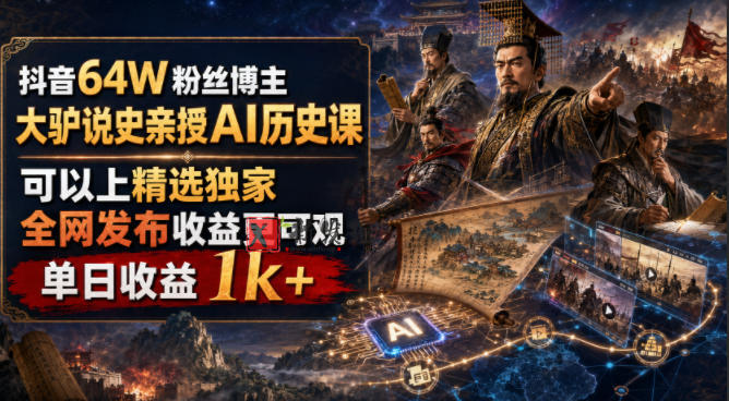 抖音64W粉丝博主大驴说史亲授AI历史课,可以上精选独家,全网发布收益更可观,单日收益1k+ 抖音64W粉丝博主大驴说史亲授AI历史课,可以上精选独家,全网发布收益更可观,单日收益1k+