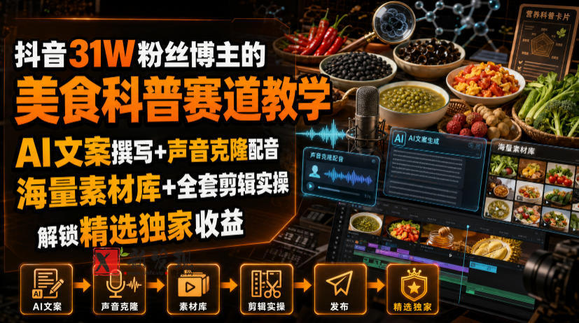 抖音31W粉丝博主的美食科普赛道教学,AI文案撰写+声音克隆配音+剪辑实操,解锁精选独家收益 抖音31W粉丝博主的美食科普赛道教学,AI文案撰写+声音克隆配音+剪辑实操,解锁精选独家收益