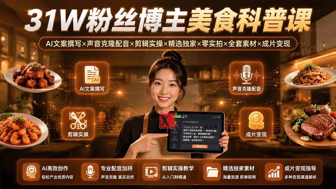 (19558期)31W粉丝博主美食科普课:AI文案撰写×声音克隆配音×剪辑实操×精选独家×零实拍×全套素材×成片变现 (19558期)31W粉丝博主美食科普课:AI文案撰写×声音克隆配音×剪辑实操×精选独家×零实拍×全套素材×成片变现
