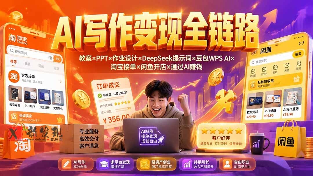 （19561期）2026AI写作变现全链路：教案×PPT×作业设计×DeepSeek提示词×豆包WPS AI×淘宝接单×闲鱼开店×通过AI賺钱-新发现资源网