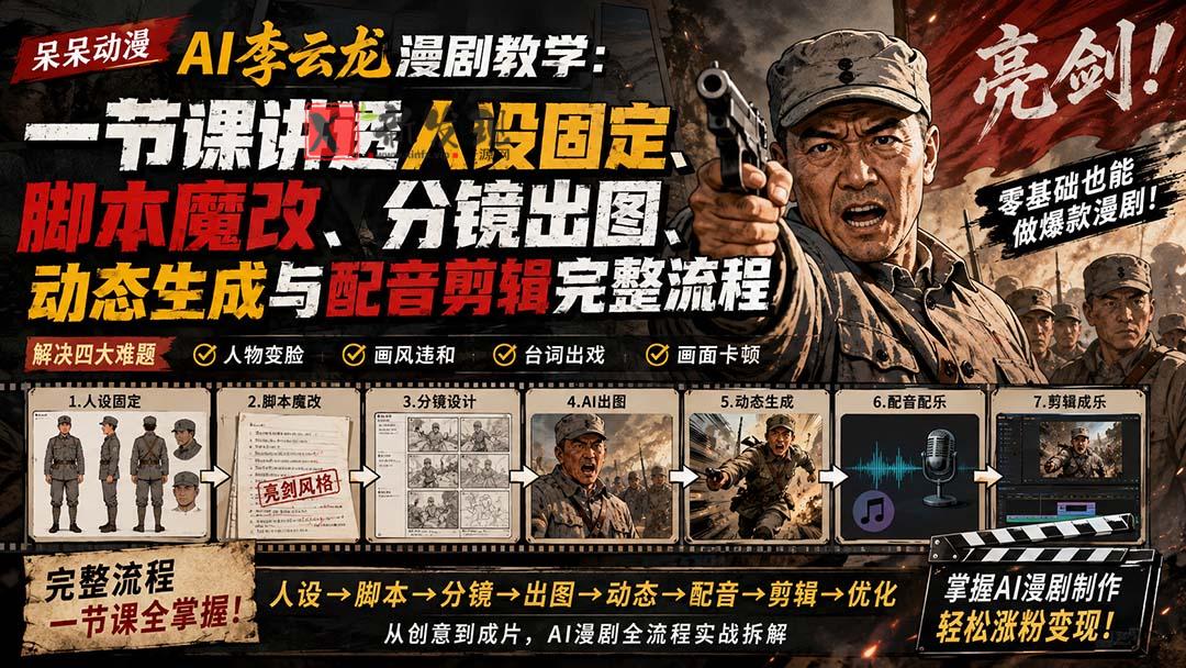 （20107期）呆呆动漫AI李云龙漫剧教学：一节课讲透人设固定、脚本魔改、分镜出图、动态生成与配音剪辑完整流程-新发现资源网