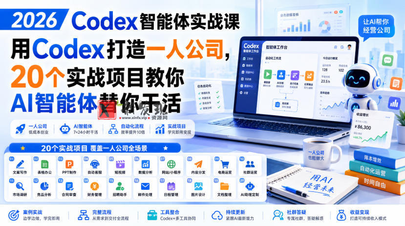 2026 Codex智能体实战课,用Codex打造一人公司,20个实战项目教你AI智能体替你干活-新发现资源网