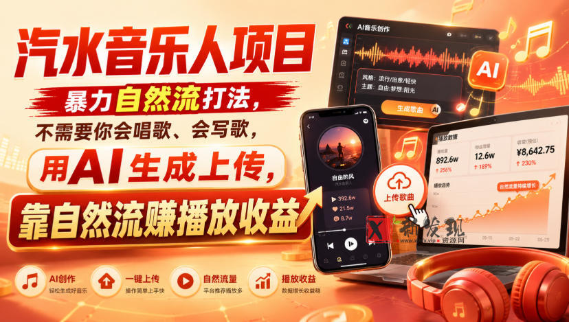 汽水音乐人项目，暴力自然流打法，不需要你会唱歌、会写歌，用AI生成上传，靠自然流賺播放收益-新发现资源网