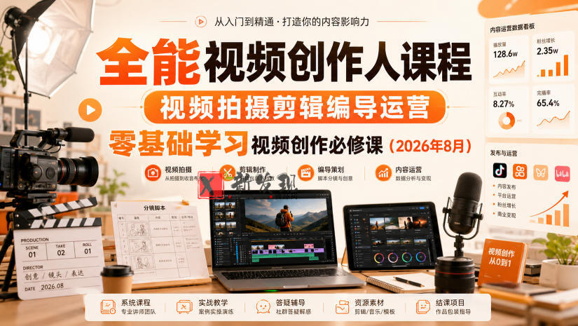 全能视频创作人课程，视频拍摄剪辑编导运营，零基础学习视频创作必修课（2026年8月）-新发现资源网