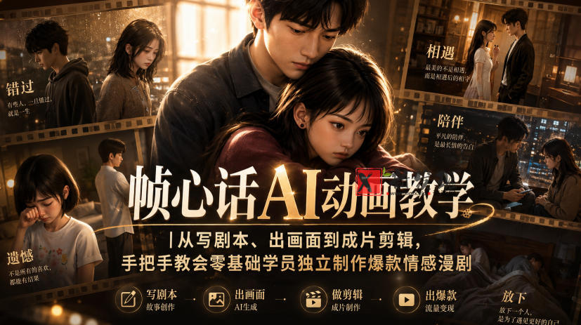 帧心话AI动画教学|从写剧本、出画面到成片剪辑,手把手教会零基础学员独立制作爆款情感漫剧-新发现资源网