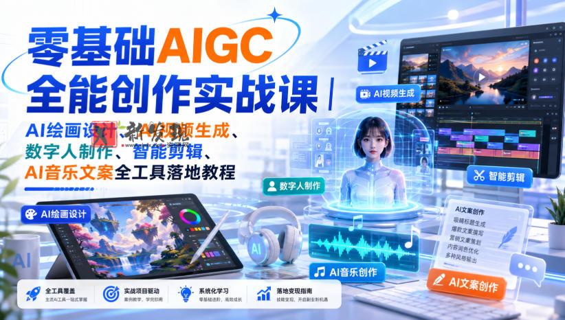 零基础AIGC全能创作实战课｜AI绘画设计、AI视频生成、数字人制作、智能剪辑、AI音乐文案全工具落地教程-新发现资源网
