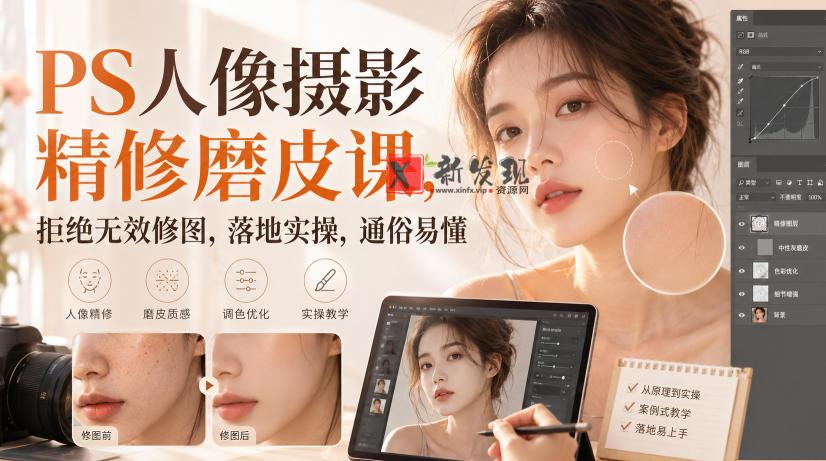 PS人像摄影精修磨皮课，拒绝无效修图，落地实操，通俗易懂-新发现资源网