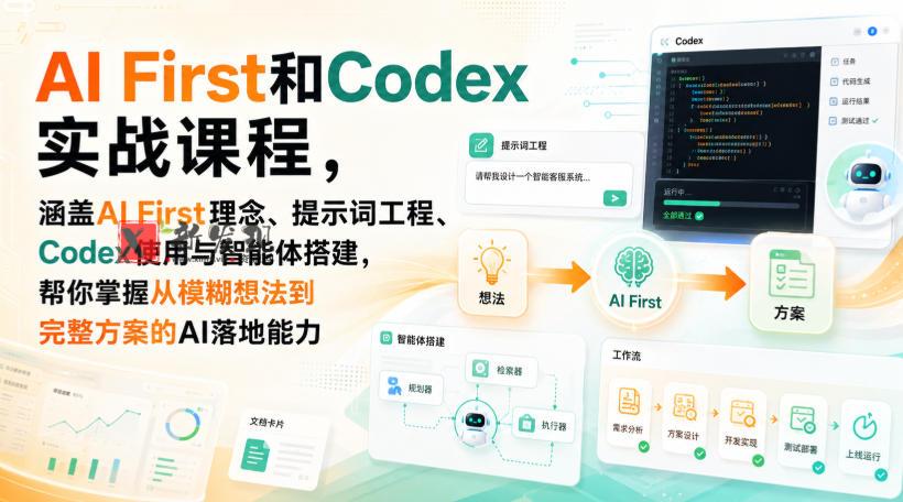 AI First和Codex实战课，涵盖AI First理念、提示词工程、Codex使用与智能体搭建，掌握从模糊想法到完整方案的AI落地能力-新发现资源网