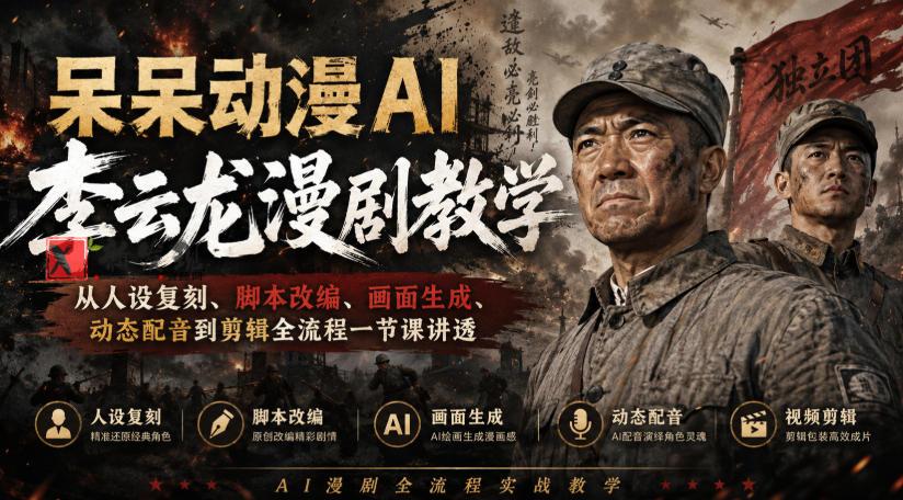 呆呆动漫AI李云龙漫剧教学,从人设复刻、脚本改编、画面生成、动态配音到剪辑全流程一节课讲透-新发现资源网