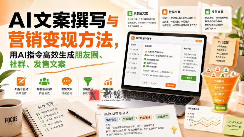 AI文案撰写与营销变现方法，用AI指令高效生成朋友圈、社群、发售文案-新发现资源网