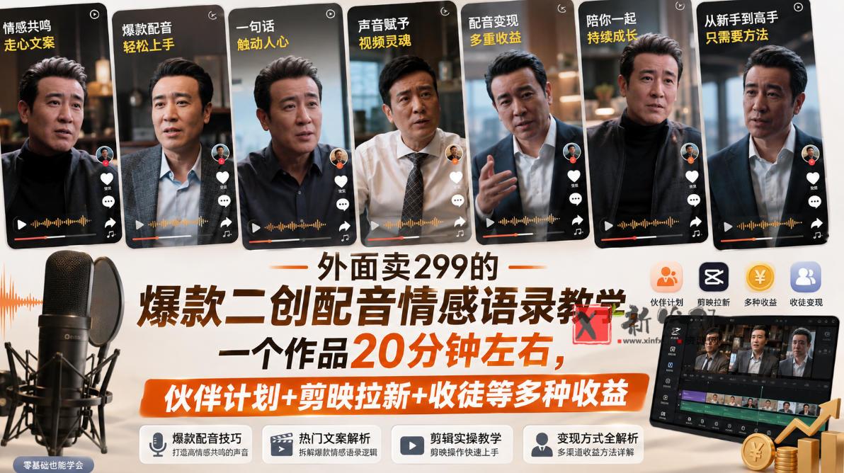 外面卖299的爆款二创配音情感语录教学,一个作品20分钟左右,伙伴计划+剪映拉新+收徒等多种收益-新发现资源网