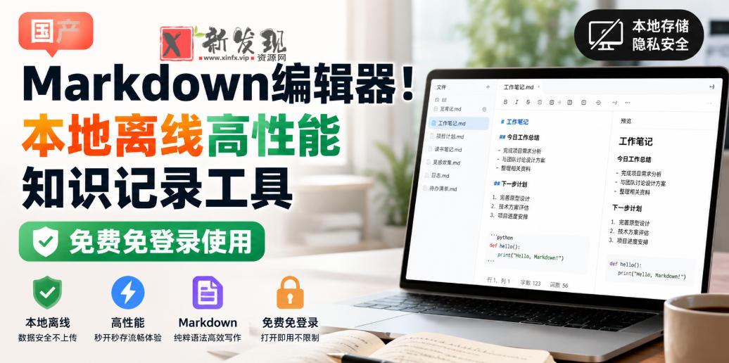 国产Markdown编辑器!本地离线高性能知识记录工具,免费免登录使用-新发现资源网