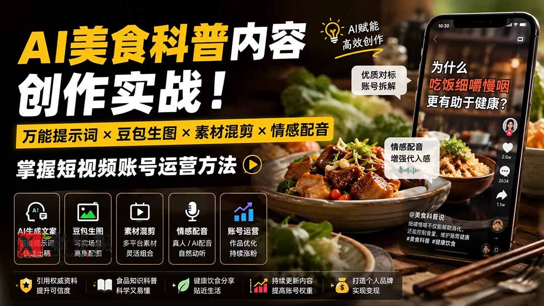 (19730期)外面卖199元-AI美食科普内容创作实战!万能提示词×豆包生图×素材混剪×情感配音,掌握短视频账号运营方法-新发现资源网