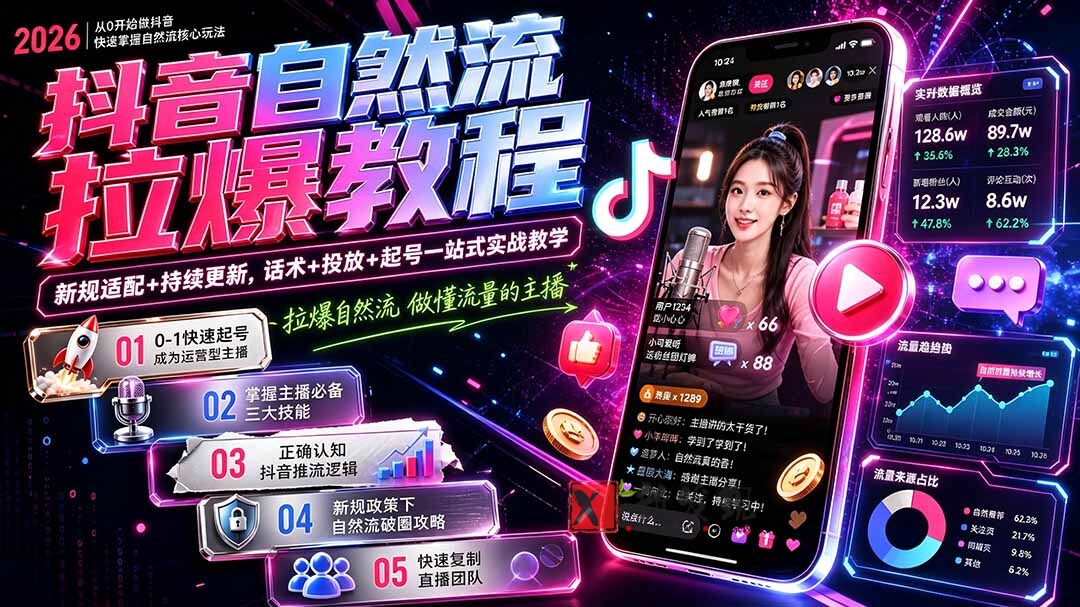 （20011期）抖音自然流拉爆教程-更新8月：做懂流量的主播，新规适配+持续更新，话术+投放+起号一站式实战教学-新发现资源网