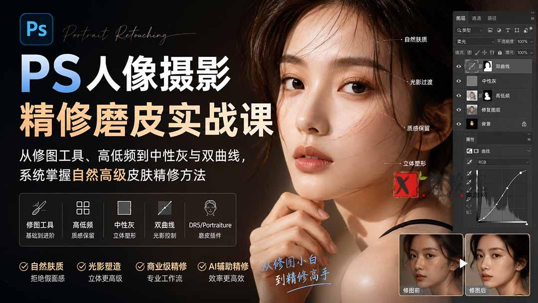（20061期）PS人像摄影精修磨皮实战课：从修图工具、高低频到中性灰与双曲线，系统掌握自然高级皮肤精修方法-新发现资源网