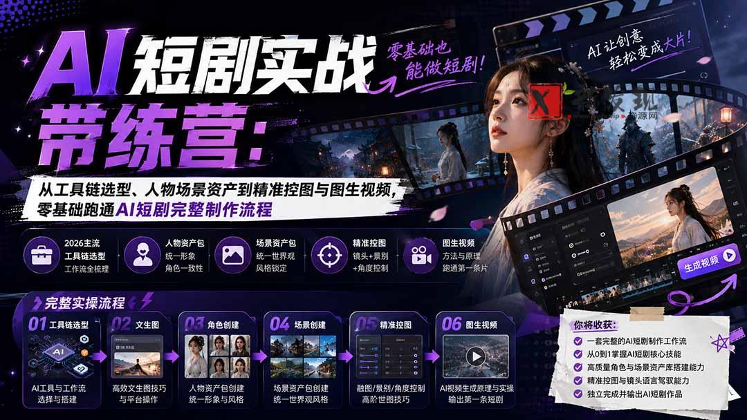 （20064期）AI短剧实战训练营：从工具链选型、人物场景资产到精准控图与图生视频，零基础跑通AI短剧完整制作流程-新发现资源网