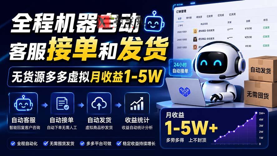 （20119期）全程机器自动客服接单和发货，无货源多多虚拟月收益1-5W-新发现资源网