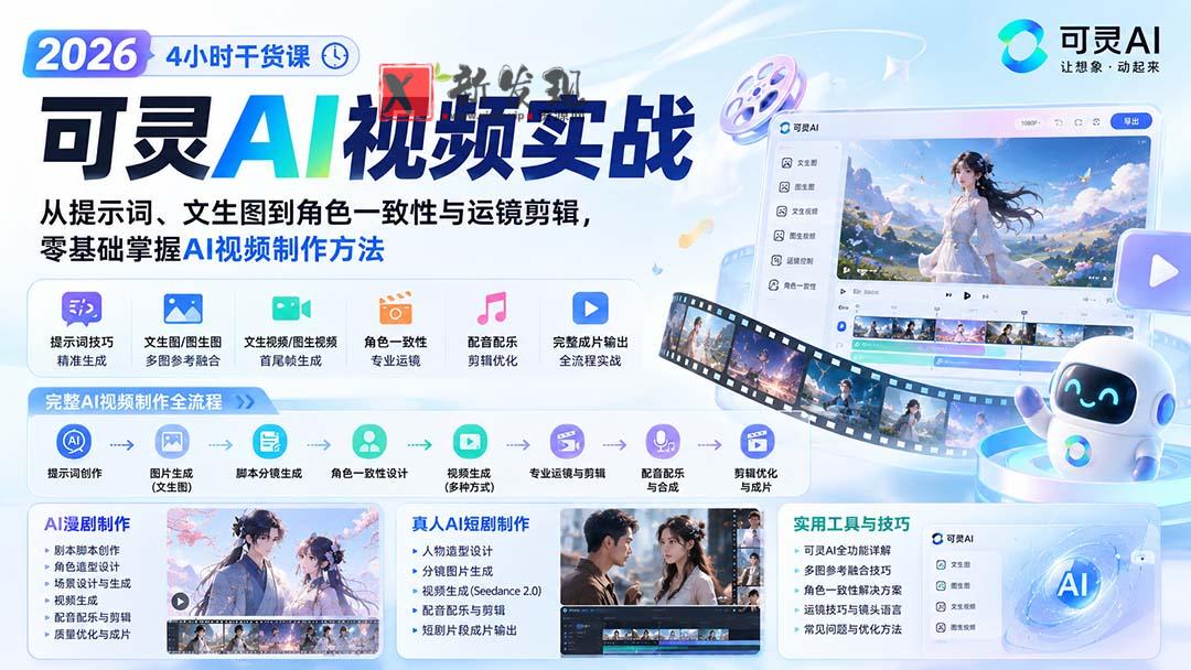 （20136期）2026可灵AI视频实战-4小时干货课：从提示词、文生图到角色一致性与运镜剪辑，零基础掌握AI视频制作方法-新发现资源网