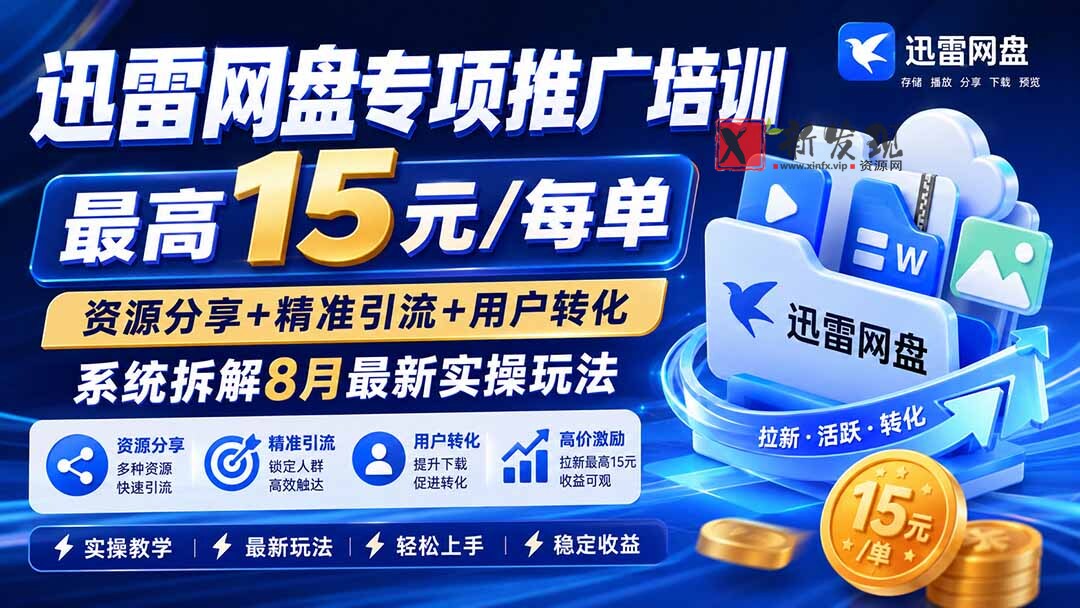 (19960期)迅雷网盘专项推广培训-更新8.18——最高15元/每单,资源分享+精准引流+用户转化,系统拆解最新实操玩法-新发现资源网