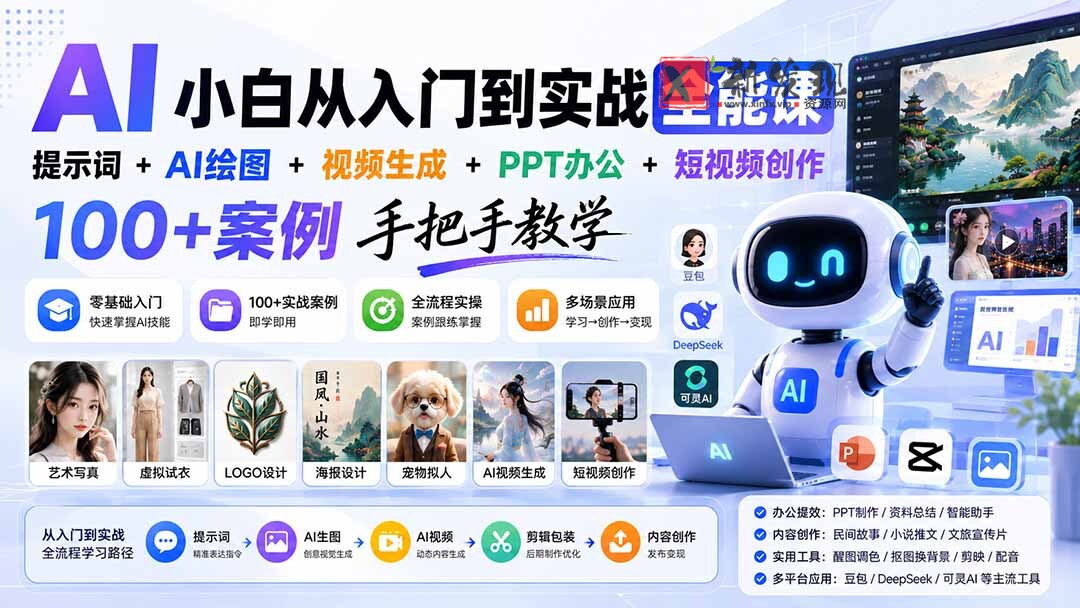 （20018期）AI小白从入门到实战全能课：提示词+AI绘图+视频生成+PPT办公+短视频创作，100+案例手把手教学-新发现资源网