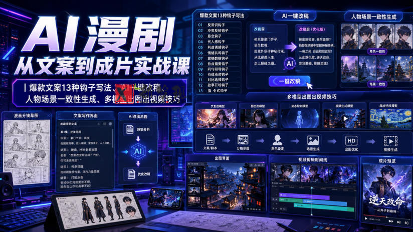 AI漫剧从文案到成片实战课|爆款文案13种钩子写法、AI一键改稿、人物场景一致性生成、多模型出图出视频技巧-新发现资源网
