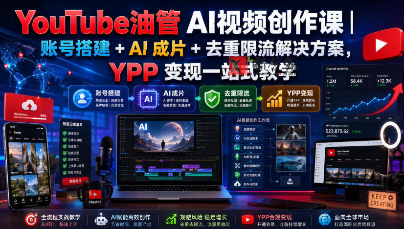 YouTube油管AI视频创作课|账号搭建+AI成片+去重限流解决方案,YPP变现一站式教学 YouTube油管AI视频创作课|账号搭建+AI成片+去重限流解决方案,YPP变现一站式教学