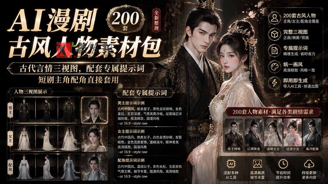 (19693期)AI漫剧古风人物素材包+提示词|200 套古代言情三视图,配套专属提示词短剧主角配角直接套用-新发现资源网