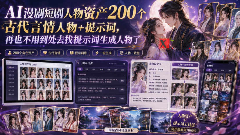 AI漫剧短剧人物资产200个古代言情人物+提示词，再也不用到处去找提示词生成人物了