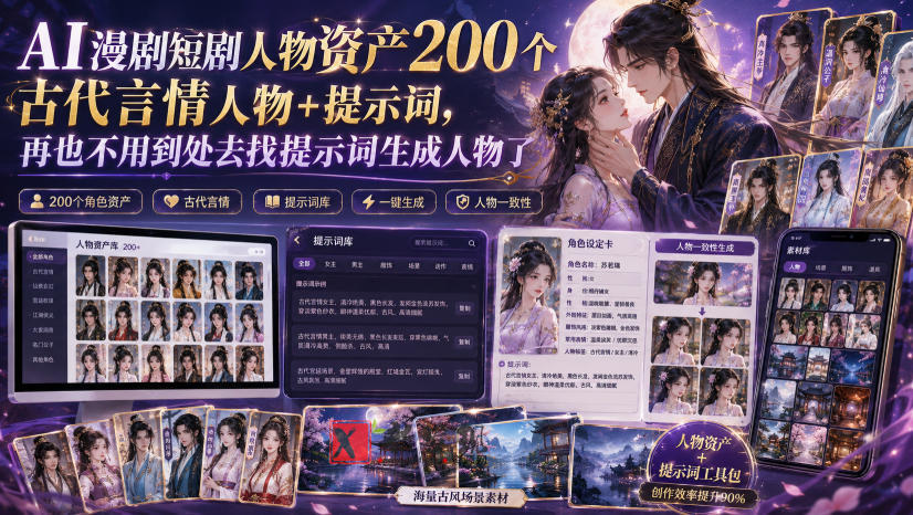 AI漫剧短剧人物资产200个古代言情人物+提示词，再也不用到处去找提示词生成人物了-新发现资源网
