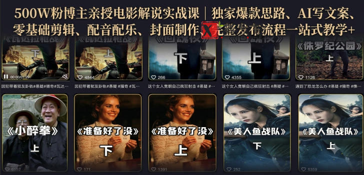 500W粉博主亲授电影解说实战课｜精选独家思路、AI写文案、零基础剪辑、配音配乐、封面制作、完整发布流程一站式教学-新发现资源网