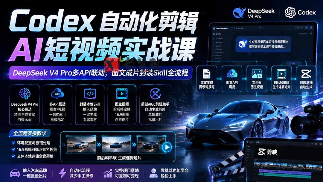（19711期）Codex自动化剪辑AI短视频实战课｜DeepSeek V4 Pro多API联动，图文成片封装Skill全流程-新发现资源网