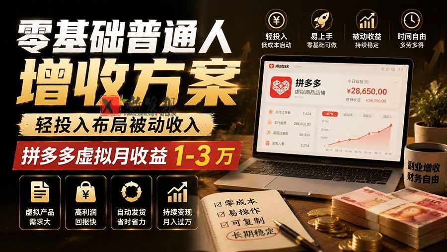 （19713期）零基础普通人增收方案，轻投入布局被动收入，多多虚拟月收益 1-3 万-新发现资源网