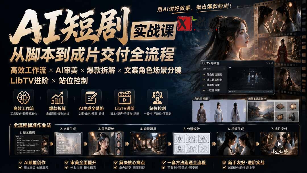 （19717期）AI短剧实战课：高效工作流×AI审美×爆款拆解×文案角色场景分镜×LibTV进阶×站位控制×从脚本到成片交付全流程