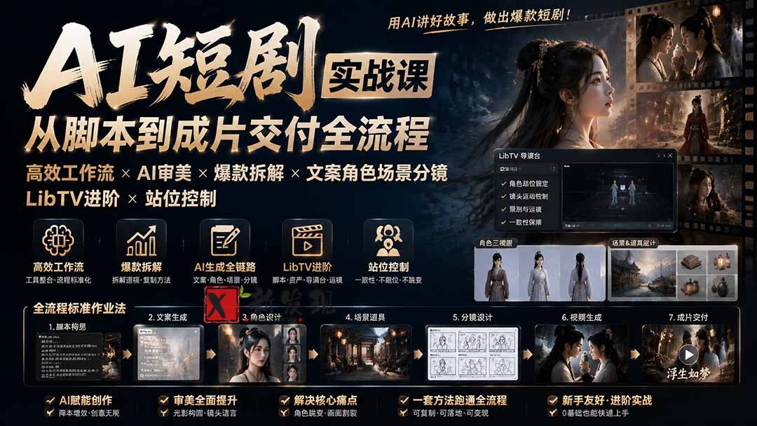 （19717期）AI短剧实战课：高效工作流×AI审美×爆款拆解×文案角色场景分镜×LibTV进阶×站位控制×从脚本到成片交付全流程-新发现资源网