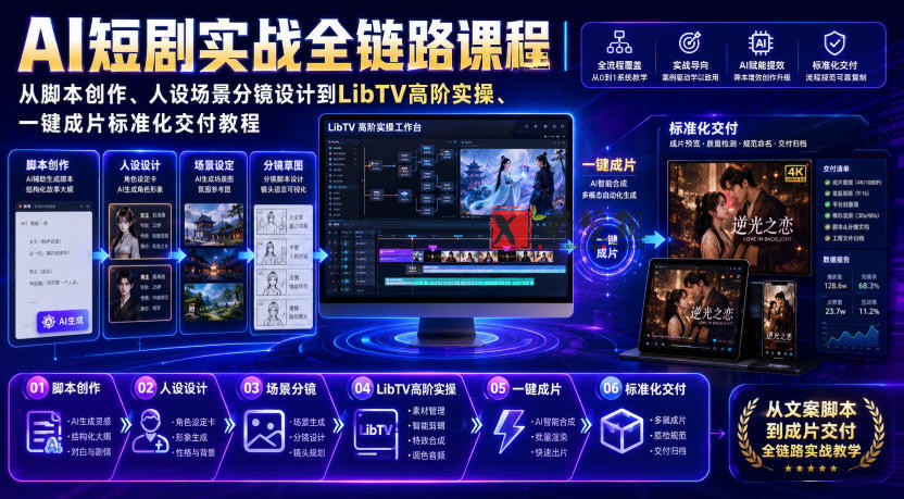AI短剧实战全链路课程｜从脚本创作、人设场景分镜设计到LibTV高阶实操、一键成片标准化交付教程
