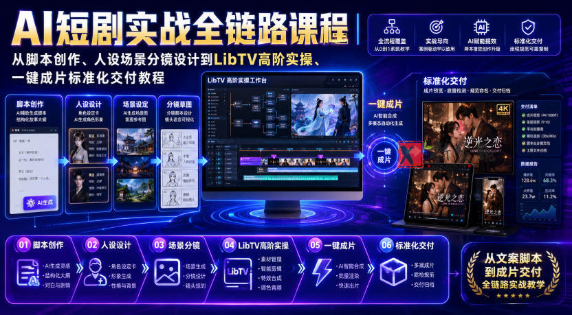 AI短剧实战全链路课程｜从脚本创作、人设场景分镜设计到LibTV高阶实操、一键成片标准化交付教程-新发现资源网