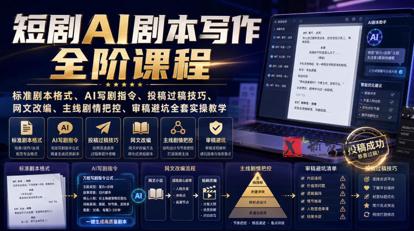 短剧AI剧本写作全阶课程｜标准剧本格式、AI写剧指令、投稿过稿技巧、网文改编、主线剧情把控、审稿避坑全套实操教学