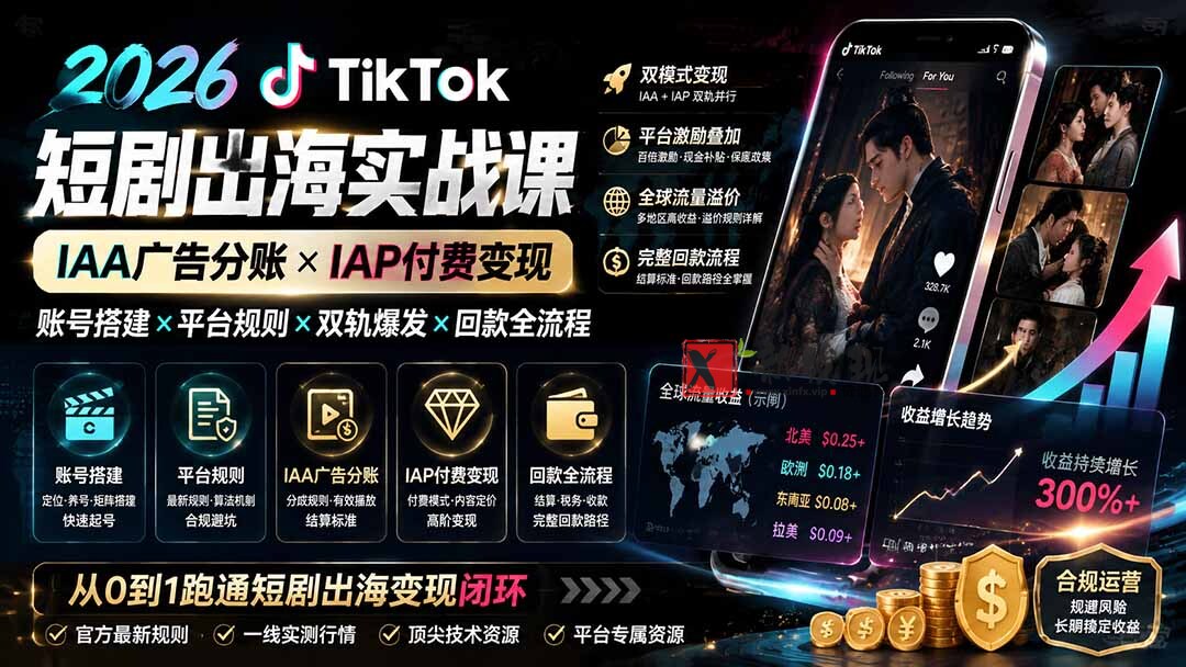 （19740期）2026TikTok短剧出海实战课：IAA广告分账×IAP付费变现×账号搭建×平台规则×双轨爆发×回款全流程-新发现资源网