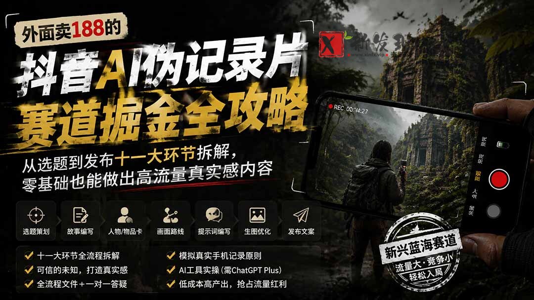 （19743期）外面卖188的抖音AI伪记录片赛道掘金全攻略；从选题到发布十一大环节拆解，零基础也能做出高流量真实感内容-新发现资源网