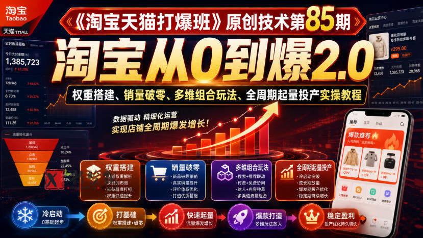《淘宝天猫打爆班》原创技术第85期，淘宝从0到爆2.0，权重搭建、销量破零、多维组合玩法、全周期起量投产实操教程-新发现资源网