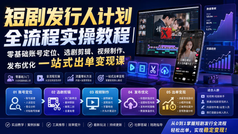 短剧发行人计划全流程实操教程｜零基础账号定位、选剧剪辑、视频制作、发布优化一站式出单变现课​-新发现资源网