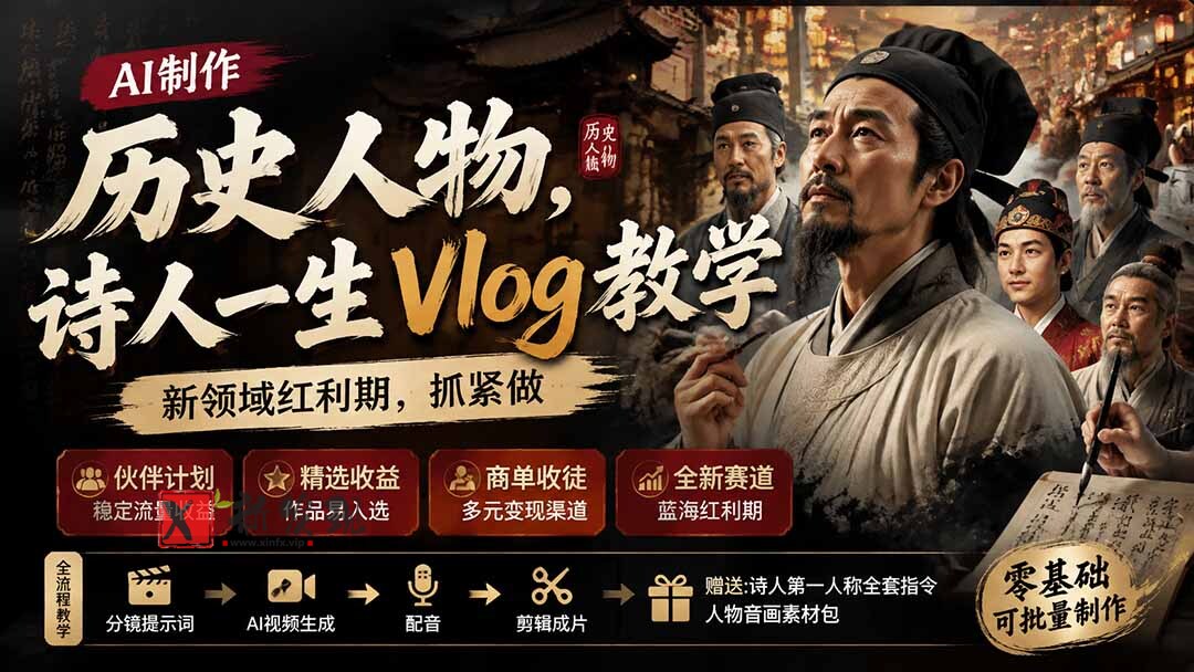（19758期）历史人物，诗人一生Vlog教学， AI制作丨伙伴计划丨精选收益丨商单收徒 ，新领域红利期，抓紧做